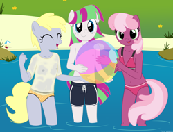 Size: 3839x2910 | Tagged: questionable, artist:deserter, artist:tolpain, anthro, banned from derpibooru, beach, beach ball, belly button, bikini, blossomforth, breasts, cheerilee, clothes, delicious flat chest, derpy hooves, female, food, imported from twibooru, lolicon, looking at you, male swimwear challenge, muffin, nipples, nudity, panties, polka dot underwear, see-through, shorts, small breasts, smiling, swimming trunks, swimsuit, underage, underwear, yellow underwear, younger