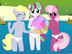 Size: 3839x2910 | Tagged: questionable, artist:deserter, artist:tolpain, anthro, banned from derpibooru, beach, beach ball, belly button, blossomforth, breasts, cheerilee, clothes, delicious flat chest, derpy hooves, female, food, imported from twibooru, lolicon, looking at you, muffin, nipples, nudity, panties, small breasts, smiling, underage, underwear, white panties, white underwear, younger