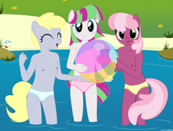 Size: 3839x2910 | Tagged: questionable, artist:deserter, artist:tolpain, anthro, banned from derpibooru, beach, beach ball, belly button, blossomforth, breasts, cheerilee, clothes, delicious flat chest, derpy hooves, female, food, frilly panties, frilly underwear, imported from twibooru, light blue panties, light blue underwear, lolicon, looking at you, muffin, nipples, nudity, panties, pink panties, pink underwear, small breasts, smiling, underage, underwear, yellow panties, yellow underwear, younger