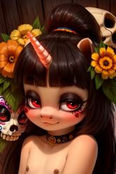 Size: 512x768 | Tagged: questionable, oc, oc:spring beauty, ai content, ai generated, alicorn, anthro, banned from derpibooru, bust, choker, cute, dia de los muertos, female, filly, flower, foal, imported from twibooru, lolicon, looking at you, makeup, nipples, nudity, pony, portrait, prompter:miniferu, skull, solo, underage