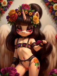 Size: 768x1024 | Tagged: explicit, oc, oc:spring beauty, ai content, ai generated, alicorn, anthro, banned from derpibooru, clothes, costume, dia de los muertos, female, flower, imported from twibooru, lolicon, nudity, pantless, prompter:miniferu, solo, underage, vulva