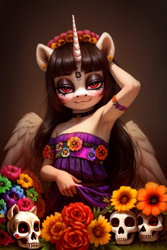 Size: 512x768 | Tagged: safe, oc, oc:spring beauty, ai content, ai generated, alicorn, anthro, banned from derpibooru, clothes, dia de los muertos, dress, female, filly, flower, foal, imported from twibooru, lolicon, makeup, pony, prompter:miniferu, skull, solo, underage