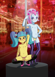 Size: 2894x4093 | Tagged: questionable, artist:the-dark-mangaka, banned from derpibooru, child, clothes, equestria girls, female, females only, imported from twibooru, lolicon, panties, partial nudity, pixel pizazz, pole dancing, stripper pole, topless, underage, underwear, violet blurr, young, younger
