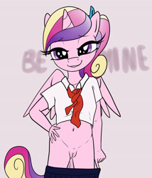 Size: 3600x4200 | Tagged: explicit, artist:littlenaughtypony, alicorn, anthro, banned from derpibooru, clothes, female, imported from twibooru, lolicon, necktie, nudity, princess cadance, schoolgirl, shirt, skirt, teen princess cadance, text, underage, vulva