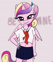 Size: 3600x4200 | Tagged: questionable, artist:littlenaughtypony, alicorn, anthro, banned from derpibooru, clothes, female, imported from twibooru, lolicon, necktie, princess cadance, schoolgirl, shirt, skirt, teen princess cadance, text, underage