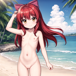 Size: 2400x2400 | Tagged: explicit, apple bloom, ai assisted, ai content, banned from derpibooru, beach, belly button, bird, blushing, breasts, cloud, female, human, humanized, imported from twibooru, lens flare, lolicon, nipples, nudity, palm tree, rock, sand, seagull, smiling, tree, underage, vulva, water