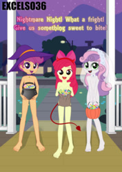 Size: 734x1034 | Tagged: suggestive, artist:excelso36, apple bloom, scootaloo, sweetie belle, banned from derpibooru, barefoot, candy, censored, clothes, corpse bride, costume, cutie mark crusaders, devil, devil horns, equestria girls, feet, female, food, halloween, halloween costume, hat, holiday, human, humanized, imported from twibooru, lolicon, looking at you, makeup, nudity, part of a set, trick or treat, underage, witch, witch hat