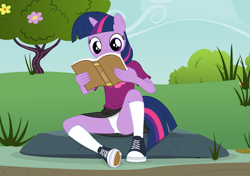 Size: 3338x2355 | Tagged: suggestive, artist:tolpain, twilight sparkle, anthro, banned from derpibooru, cameltoe, clothes, female, food, imported from twibooru, lolicon, muffin, outdoors, panties, panty shot, reading, skirt, underage, underwear, upskirt, younger