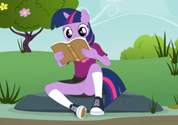 Size: 3338x2355 | Tagged: explicit, artist:tolpain, twilight sparkle, anthro, banned from derpibooru, bottomless, clothes, commando, female, food, imported from twibooru, lolicon, muffin, no panties, nudity, outdoors, reading, skirt, underage, upskirt, vulva, younger