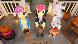 Size: 2560x1440 | Tagged: explicit, artist:littlesocks3, apple bloom, scootaloo, sweetie belle, anthro, banned from derpibooru, clothes, condom, costume, covered in cum, cowprint, cum, cutie mark crusaders, earth pony, female, filled condom, halloween, halloween costume, holiday, imported from twibooru, lolicon, nun outfit, pegasus, pony, public, trick or treat, underage, unicorn, uniform, wonderbolts uniform