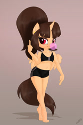 Size: 800x1200 | Tagged: questionable, artist:miniferu, oc, oc:spring beauty, anthro, banned from derpibooru, bikini, bloomers, clothes, feet, female, imported from twibooru, lolicon, middle finger, sports bra, swimsuit, underage, vulgar