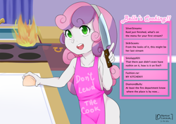 Size: 3536x2500 | Tagged: safe, artist:oozutsucannon, sweetie belle, almost nude, apron, carousel boutique, chat bubble, clothes, cooking, cutting board, equestria girls, explicit source, female, fire, food, frying pan, human, imported from twibooru, indoors, kitchen, knife, lolicon, looking at camera, naked apron, onion, river, signature, sink, stream, streaming, sweetie belle can't cook, sweetie fail, underage, water