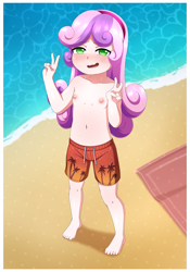Size: 2100x3000 | Tagged: questionable, artist:gi0, sweetie belle, banned from derpibooru, barefoot, beach, blanket, blushing, breasts, clothes, delicious flat chest, feet, female, grin, headband, human, humanized, imported from twibooru, lolicon, male swimwear challenge, nervous, nervous grin, nervous sweat, nipples, nudity, outdoors, partial nudity, peace sign, pose, sand, shorts, smiling, sweat, swimming trunks, topless, towel, underage, water