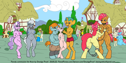 Size: 3674x1837 | Tagged: explicit, artist:smudge proof, apple bloom, babs seed, button mash, diamond tiara, silver spoon, anthro, ass, banned from derpibooru, butt, cheese sandwich, collar, color edit, colored, cozy glow, cup cake, edit, female, imported from twibooru, lolicon, male, nudity, pound cake, sex slave, shotacon, slave, snails, snips, underage, unguligrade anthro, vulva, zippoorwhill