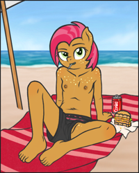 Size: 1072x1342 | Tagged: questionable, artist:deserter, babs seed, anthro, banned from derpibooru, beach, beach towel, beach umbrella, boob freckles, breasts, burger, can, candy, cheeseburger, chest freckles, clothes, crotch freckles, drink, eating, exhibitionism, female, food, freckles, hamburger, imported from twibooru, leaning, leaning back, lolicon, lollipop, looking at you, male swimwear challenge, nipples, nudity, partial nudity, plantigrade anthro, public nudity, pussy peek, raised eyebrow, shoulder freckles, sitting, small breasts, smug, soda, swimming trunks, swimsuit, teenager, topless, towel, umbrella, underage, upshorts, veggie burger