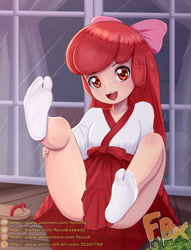 Size: 1890x2480 | Tagged: suggestive, artist:focusb, apple bloom, banned from derpibooru, clothes, female, human, human coloration, humanized, imported from twibooru, lolicon, looking at you, miko, open mouth, sitting, socks, solo, underage