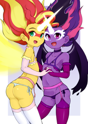 Size: 1212x1711 | Tagged: questionable, artist:oozutsucannon, twilight sparkle, ass, banned from derpibooru, breasts, butt, choker, clothes, cupless bra, daydream shimmer, delicious flat chest, duo, duo female, equestria girls, evening gloves, female, garter belt, gloves, holding hands, human, imported from twibooru, lingerie, lolicon, long gloves, looking at you, midnight sparkle, nipples, nudity, open mouth, open smile, panties, skindentation, small breasts, smiling, socks, spread wings, stockings, sunset shimmer, thigh highs, thigh muffintop, underage, underwear, wings