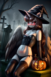 Size: 512x768 | Tagged: suggestive, oc, oc:spring beauty, ai content, ai generated, alicorn, alicorn oc, anthro, anthro oc, banned from derpibooru, black underwear, blushing, choker, clothes, corset, costume, evening gloves, female, fingerless elbow gloves, fingerless gloves, gloves, gravestone, graveyard, halloween, hat, holiday, horn, imported from twibooru, jack-o-lantern, leaning, leaning back, lingerie, lolicon, long gloves, looking at you, oc only, panties, prompter:miniferu, pumpkin, socks, solo, stockings, thigh highs, thong, underage, underwear, wings, witch hat