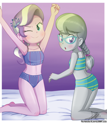 Size: 1684x1937 | Tagged: safe, artist:the-butch-x, diamond tiara, silver spoon, angry eyebrows, armpits, banned from derpibooru, bed, belly button, bicolor swimsuit, bikini, blue bikini, blue bra, blue eyes, blue panties, blue underwear, blushing, bra, breasts, butt, clothes, cute, diamondbetes, duo, duo female, ear piercing, equestria girls, eyebrows, eyebrows visible through hair, female, glasses, gradient background, high res, implied shipping, imported from twibooru, jewelry, lolicon, looking at you, looking back, looking back at you, one eye closed, open mouth, panties, piercing, ponytail, purple background, purple bikini, purple bra, purple eyes, purple panties, purple underwear, sexy, signature, silverbetes, silverbutt, simple background, small breasts, smiling, smiling at you, striped underwear, swimsuit, tiara, two-piece swimsuit, underage, underwear, wink, winking at you