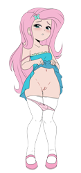 Size: 1871x4000 | Tagged: explicit, artist:danmakuman, fluttershy, banned from derpibooru, child, clothes, dress, edit, equestria girls, female, high thighs, human coloration, imported from twibooru, lolicon, panties, panties pulled down, shoes, simple background, skin color edit, skirt, skirt lift, socks, solo, stockings, thigh highs, transparent background, underage, underwear, young, younger
