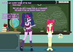 Size: 1107x782 | Tagged: suggestive, artist:excelso36, apple bloom, twilight sparkle, apple, banned from derpibooru, barefoot, big breasts, bloomers, bloomsub, blushing, breasts, chalkboard, classroom, clothes, dazzling, domination, embarrassed, embarrassed underwear exposure, equestria girls, feet, female, food, glasses, hands behind back, high heels, human, humanized, humiliation, imported from twibooru, lidded eyes, lolicon, midriff, miniskirt, nudity, partial nudity, shoes, skirt, teacher, tied up, underage, underwear