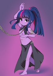Size: 2081x2980 | Tagged: suggestive, artist:ctmloml, artist:rusty_shackle, twilight sparkle, banned from derpibooru, barefoot, belly dancer, belly dancer outfit, chain, crying, dancing, equestria girls, feet, female, femsub, high ponytail, imported from twibooru, leash, lolicon, ponytail, slave, submissive, sweat, twisub, underage