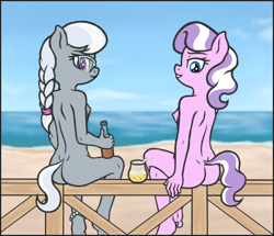 Size: 1354x1164 | Tagged: questionable, artist:deserter, diamond tiara, silver spoon, aggie.io, alternate version, anthro, ass, banned from derpibooru, beach, bottle, breasts, butt, casual nudity, crossed legs, delicious flat chest, drink, exhibitionism, feet, female, fence, imported from twibooru, lolicon, looking at you, looking back, looking back at you, nipples, nudity, plantigrade anthro, ponybooru original, public nudity, sitting, sitting on fence, small breasts, smug, soda, underage