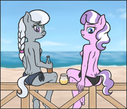 Size: 1354x1164 | Tagged: questionable, artist:deserter, diamond tiara, silver spoon, aggie.io, alternate version, anthro, ass, banned from derpibooru, beach, bikini, bottle, breasts, butt, clothes, crossed legs, delicious flat chest, drink, feet, female, fence, imported from twibooru, lolicon, looking at you, looking back, looking back at you, nipples, nudity, partial nudity, plantigrade anthro, ponybooru original, side-tie bikini, sitting, sitting on fence, small breasts, smug, soda, strapless, strapless bikini, swimsuit, topless, underage