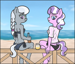 Size: 1354x1164 | Tagged: questionable, artist:deserter, diamond tiara, silver spoon, aggie.io, anthro, ass, banned from derpibooru, beach, bikini, bikini aside, bottle, breasts, butt, clothes, crossed legs, delicious flat chest, drink, feet, female, fence, imported from twibooru, lolicon, looking at you, looking back, looking back at you, nipples, nudity, plantigrade anthro, ponybooru original, shirt, side-tie bikini, sitting, sitting on fence, small breasts, smug, soda, strapless, strapless bikini, swimsuit, swimsuit aside, underage, wet, wet clothes, wet shirt