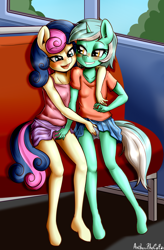 Size: 1729x2634 | Tagged: explicit, artist:anibaruthecat, anthro, banned from derpibooru, bon bon, female, fingering, imported from twibooru, lesbian, lolicon, lyra heartstrings, lyrabon, mutual masturbation, sex, shipping, underage