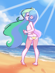 Size: 1274x1707 | Tagged: questionable, artist:drantyno, princess celestia, banned from derpibooru, bikini, bikini aside, bikini babe, child, clothes, equestria girls, female, imported from twibooru, lolicon, partial nudity, principal celestia, swimsuit, topless, underage, young, younger