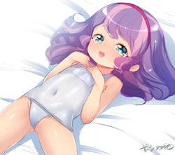 Size: 625x552 | Tagged: suggestive, artist:born-to-die, sweetie belle, banned from derpibooru, bed, breasts, child, clothes, delicious flat chest, female, human, humanized, imported from twibooru, lolicon, on bed, stupid sexy sweetie belle, swimsuit, tight clothing, underage