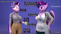 Size: 1920x1080 | Tagged: questionable, artist:senthaurekmern, starlight glimmer, twilight sparkle, 3d, abstract background, alicorn, anthro, banned from derpibooru, big breasts, blushing, breasts, busty starlight glimmer, busty twilight sparkle, cleavage, clothes, dialogue, explicit source, female, hand on hip, implied foalcon, implied lolicon, implied underage, imported from twibooru, lolicon, open mouth, pants, part of a set, plantigrade anthro, shirt, source filmmaker, stunned, stuttering, sweater, time paradox, time travel, trauma, traumatized, underage, unicorn