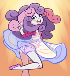 Size: 1280x1377 | Tagged: suggestive, artist:drantyno, sweetie belle, banned from derpibooru, butt, butt window, buttcrack, clothes, equestria girls, female, human, imported from twibooru, lolicon, open mouth, panties, panty shot, peace sign, raised hand, raised leg, skirt, skirt flip, solo, solo female, sweetie butt, underage, underwear