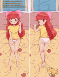 Size: 2480x3189 | Tagged: suggestive, artist:focusb, apple bloom, alternate version, ass, banned from derpibooru, barefoot, bed, bloom butt, body pillow, body pillow design, butt, child, clothes, dakimakura cover, feet, female, human, human coloration, humanized, imported from twibooru, lolicon, looking at you, lying down, on back, on bed, panties, pillow, prone, shirt, solo, t-shirt, teasing, tongue out, underage, underwear