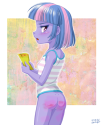 Size: 1569x1940 | Tagged: questionable, artist:uotapo, almost nude, banned from derpibooru, blushing, bottomless, butt, child, clothes, edit, equestria girls, female, imported from twibooru, lolicon, looking at you, partial nudity, shirt, spank mark, spanked, spanking, t-shirt, ticket, underage, wind sprint
