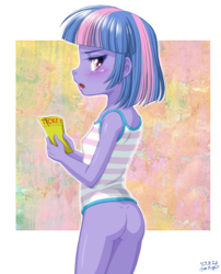 Size: 2378x2940 | Tagged: questionable, artist:uotapo, almost nude, banned from derpibooru, blushing, bottomless, butt, child, clothes, equestria girls, female, imported from twibooru, lolicon, looking at you, partial nudity, shirt, t-shirt, ticket, underage, wind sprint