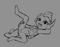 Size: 450x353 | Tagged: explicit, artist:wenni, anthro, arm behind head, ass, banned from derpibooru, butt, clothes, derpibooru original, dragon, feet, female, fish tail, gawr gura, gray background, grayscale, hoodie, imported from twibooru, lolicon, looking at you, lying down, monochrome, nervous, nudity, on back, presenting, raised leg, shark tail, simple background, sketch, smiling, smolder, solo, solo female, spread legs, spreading, tail, underage, vulva