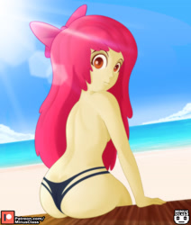 Size: 2976x3507 | Tagged: questionable, artist:minusclass, apple bloom, alternate version, banned from derpibooru, beach, bikini, bloom butt, butt, clothes, equestria girls, female, imported from twibooru, lolicon, partial nudity, patreon, patreon logo, swimsuit, topless, underage
