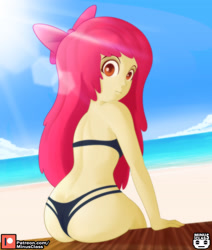 Size: 2976x3507 | Tagged: suggestive, artist:minusclass, apple bloom, alternate version, banned from derpibooru, beach, bikini, bloom butt, butt, clothes, equestria girls, female, human, imported from twibooru, lolicon, looking at you, looking back, looking back at you, patreon, patreon logo, sitting, solo, swimsuit, underage