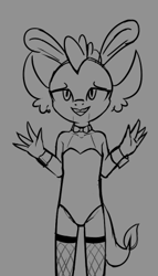Size: 245x427 | Tagged: suggestive, artist:wenni, anthro, banned from derpibooru, bunny ears, bunny suit, clothes, collar, derpibooru original, female, fishnets, gray background, grayscale, imported from twibooru, leotard, lolicon, looking at you, monochrome, nervous, simple background, sketch, smiling, smolder, socks, solo, stockings, thigh highs, underage