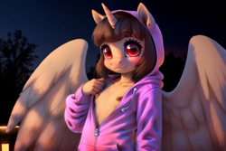 Size: 768x512 | Tagged: questionable, oc, oc:spring beauty, ai content, alicorn, anthro, banned from derpibooru, breasts, clothes, delicious flat chest, female, hoodie, imported from twibooru, lolicon, nipples, nudity, small breasts, solo, spread wings, underage, wings