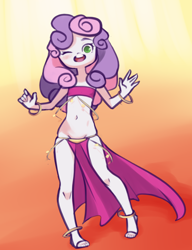 Size: 887x1157 | Tagged: suggestive, artist:drantyno, sweetie belle, anklet, banned from derpibooru, belly button, belly dancer outfit, bracelet, breasts, clothes, delicious flat chest, equestria girls, female, gradient background, harem outfit, imported from twibooru, jewelry, loincloth, lolicon, looking at you, midriff, one eye closed, open mouth, solo, solo female, underage