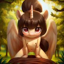 Size: 768x768 | Tagged: explicit, oc, oc:spring beauty, ai content, alicorn, anthro, banned from derpibooru, female, imported from twibooru, lolicon, looking at you, monochrome, nipples, nudity, offscreen character, pov, pubis, solo, spread wings, underage, wings