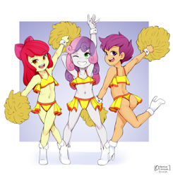 Size: 2500x2546 | Tagged: suggestive, artist:oozutsucannon, apple bloom, scootaloo, sweetie belle, banned from derpibooru, boots, butt, cameltoe, cheerleader, cheerleader outfit, clothes, equestria girls, female, females only, imported from twibooru, lolicon, panties, pom pom, scootabutt, shoes, showgirl skirt, thong, underage, underwear