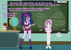 Size: 1107x782 | Tagged: questionable, artist:excelso36, sweetie belle, twilight sparkle, apple, banned from derpibooru, barefoot, big breasts, blushing, breasts, chalkboard, classroom, clothes, dazzling, domination, embarrassed, embarrassed underwear exposure, equestria girls, feet, female, food, glasses, hands behind back, high heels, human, humanized, humiliation, imported from twibooru, lidded eyes, lolicon, male, male feet, male nipples, midriff, miniskirt, nudity, partial nudity, shoes, skirt, teacher, tied up, underage, underwear
