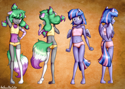 Size: 3500x2500 | Tagged: suggestive, artist:anibaruthecat, oc, abstract background, anthro, banned from derpibooru, boyshorts, butt, camisole, child, clothes, commission, disguise, disguised changeling, duo, duo female, female, front and back, front view, hoof feet, imported from twibooru, lolicon, looking back, mismatched socks, panties, pegasus, rear view, shirt, socks, tanktop, underage, underwear, unguligrade anthro, unicorn, wind sprint