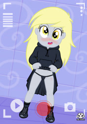 Size: 2480x3507 | Tagged: suggestive, artist:theminus, comic:ice cream, banned from derpibooru, camera shot, clothes, derpy hooves, equestria girls, female, hoodie, imported from twibooru, lolicon, looking at you, panties, presenting, shoes, skirt, skirt lift, smiling, thong, underage, underwear, younger