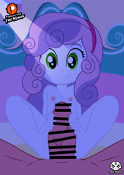 Size: 3534x5000 | Tagged: explicit, artist:theminus, sweetie belle, banned from derpibooru, bed, breasts, censored, dark skin, delicious flat chest, equestria girls, feet, female, fetish, foot fetish, footjob, imported from twibooru, lolicon, looking at you, male, nipples, nudity, on bed, penis, underage