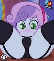 Size: 2893x3273 | Tagged: questionable, artist:theminus, sweetie belle, banned from derpibooru, black bra, black panties, black stockings, black underwear, bra, child, clothes, equestria girls, female, garters, high res, imported from twibooru, lolicon, socks, solo, solo female, stockings, thigh highs, underage, underwear, young